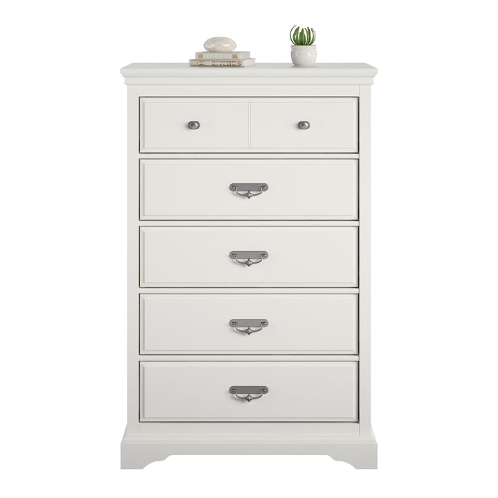 Bristol Traditional 5 Drawer Dresser with Elegant Moldings and Pewter Pulls - White