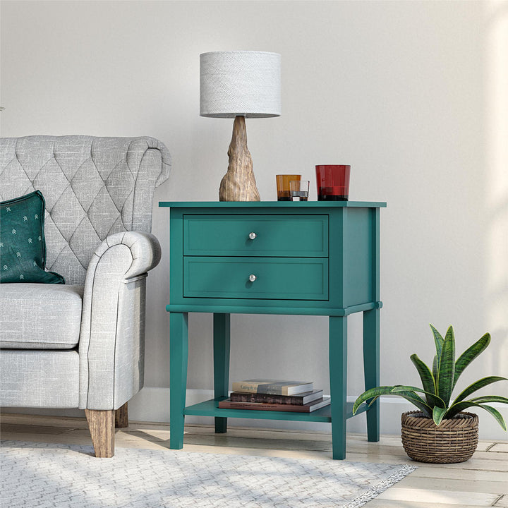 Franklin Nightstand Table with 2 Drawers and Lower Shelf - Emerald Green
