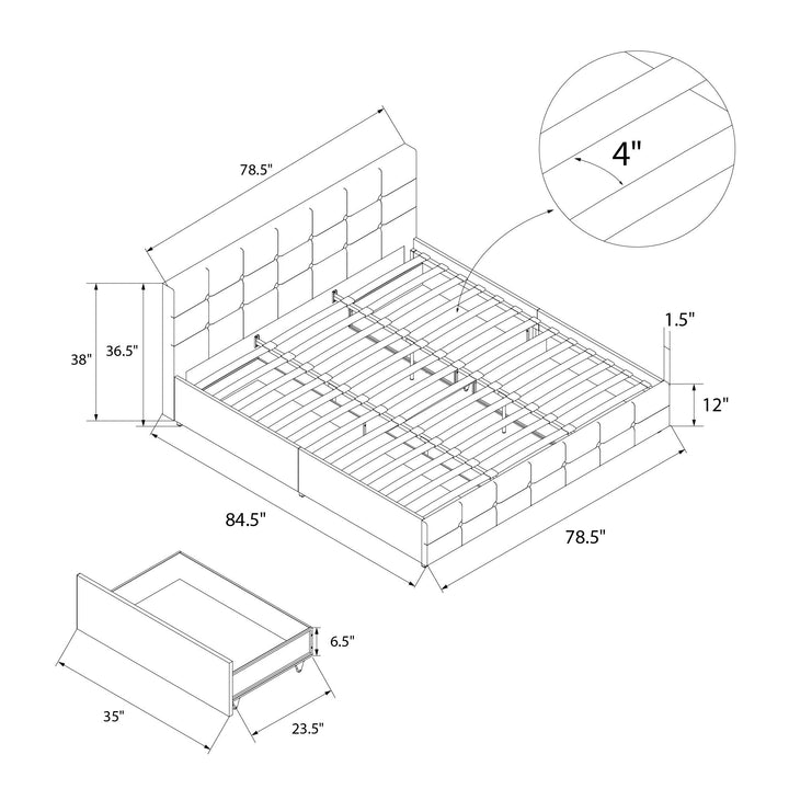 Rose Upholstered Bed with Button Tufted Detail and Storage Drawers - Grey Velvet - King