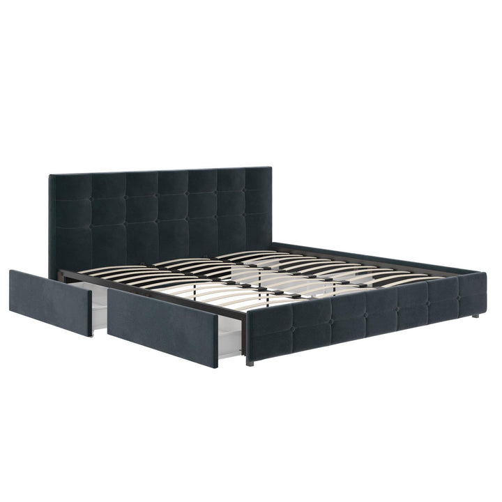 Rose Upholstered Bed with Button Tufted Detail and Storage Drawers - Blue Velvet - King