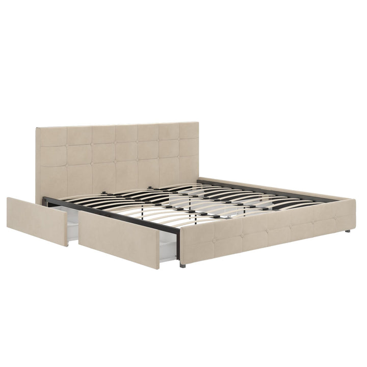 Rose Upholstered Bed with Button Tufted Detail and Storage Drawers - Ivory - King