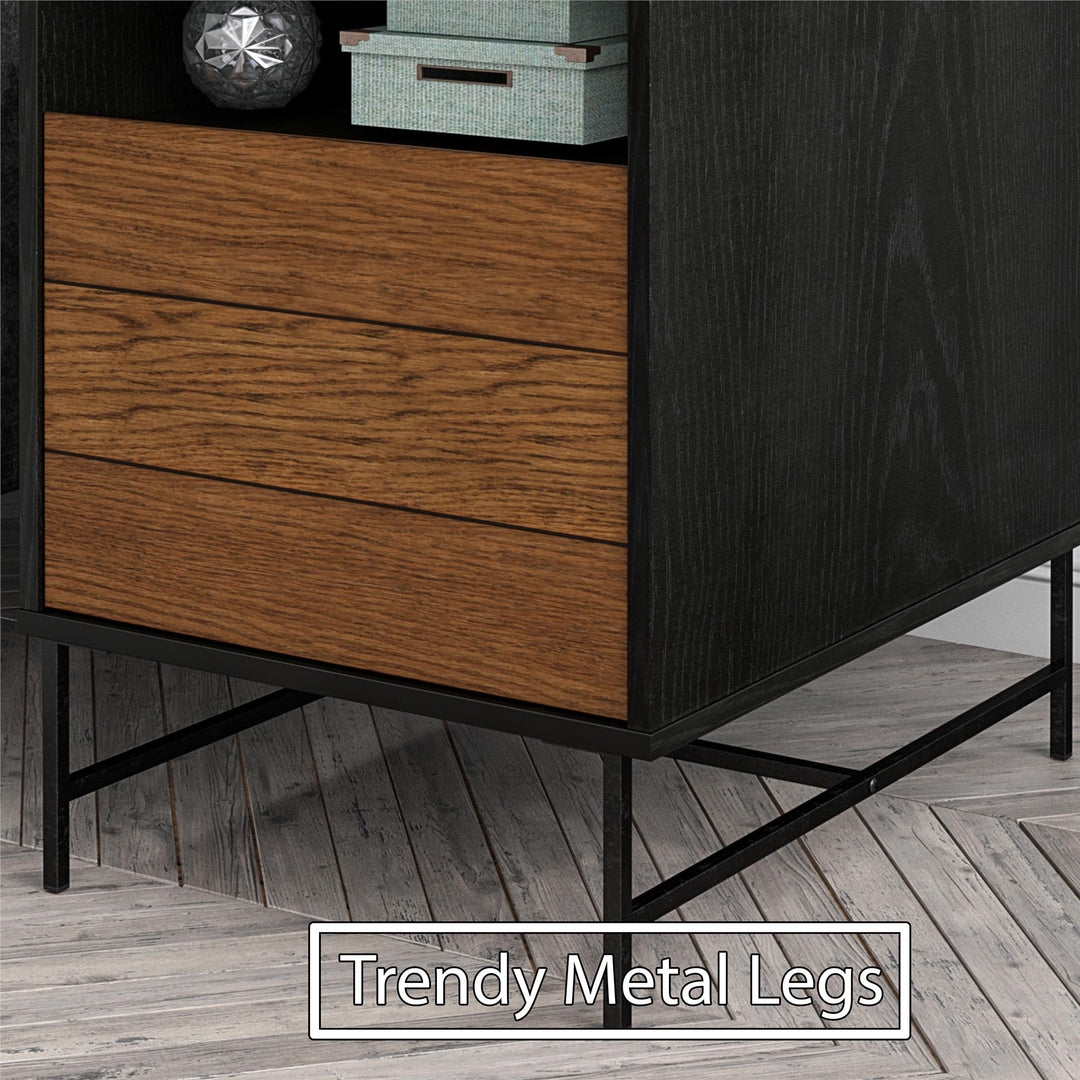 Reznor End Table with Open and Concealed Storage and Metal Frame - Black Oak