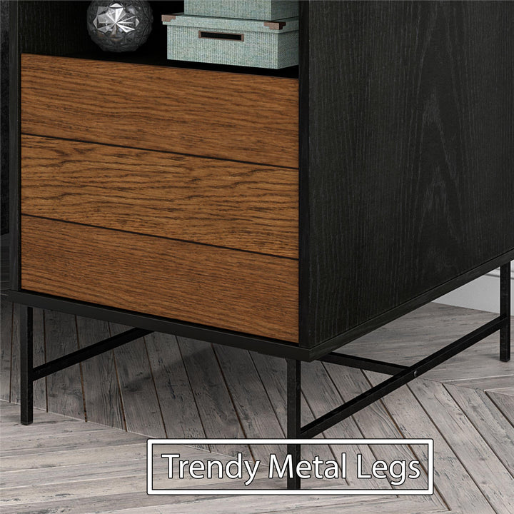Reznor End Table with Open and Concealed Storage and Metal Frame - Black Oak