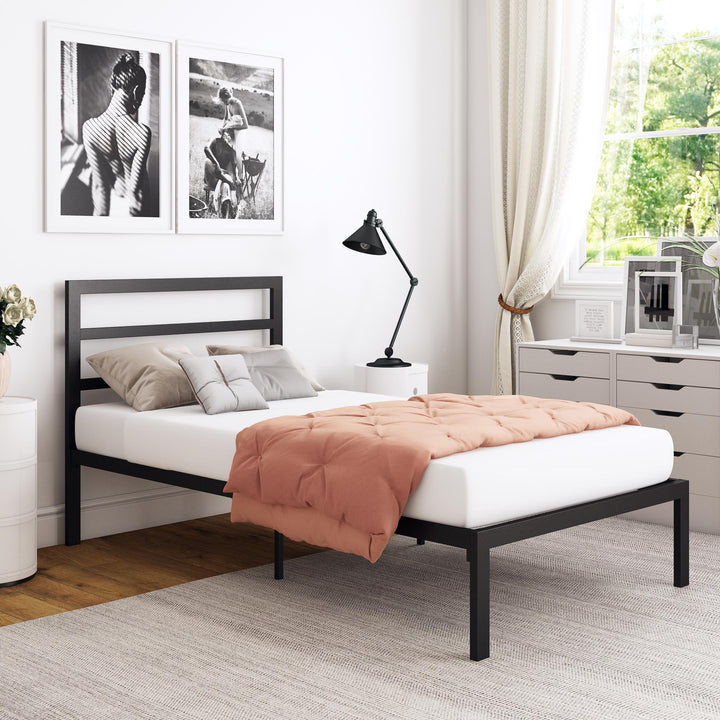 Premium Modern Platform Bed with Headboard - Black - Twin