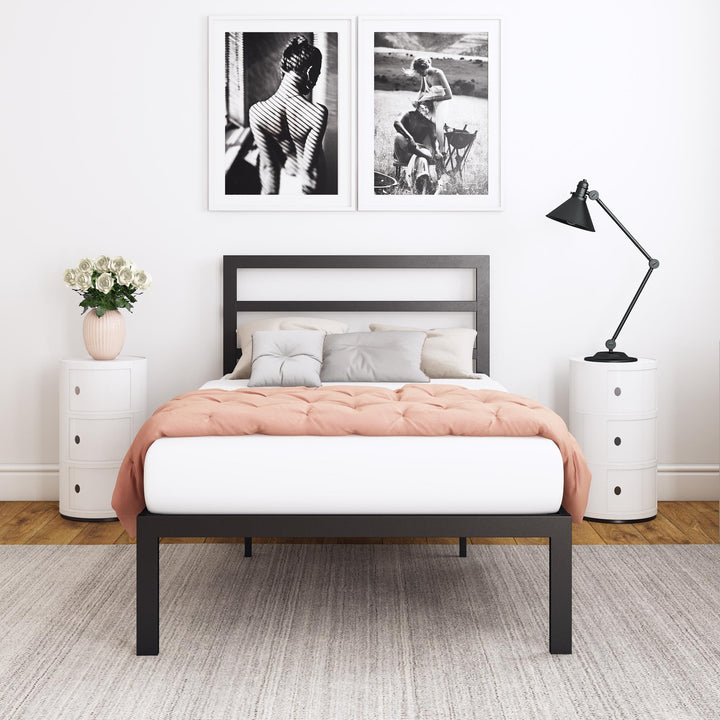 Premium Modern Platform Bed with Headboard - Black - Twin