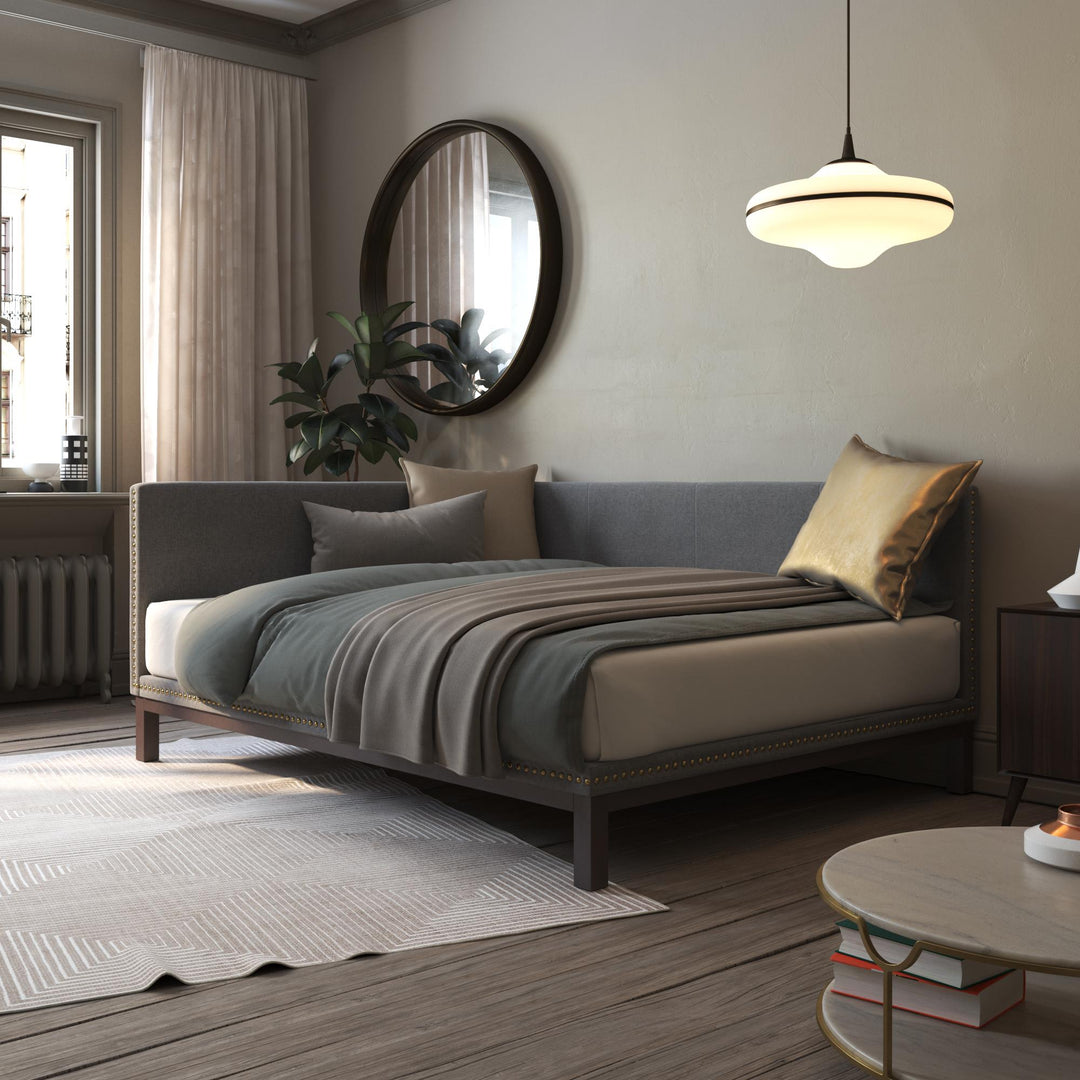 Mid Century Upholstered Modern Daybed with Horizontal Tufted Headboard - Grey Linen - Full