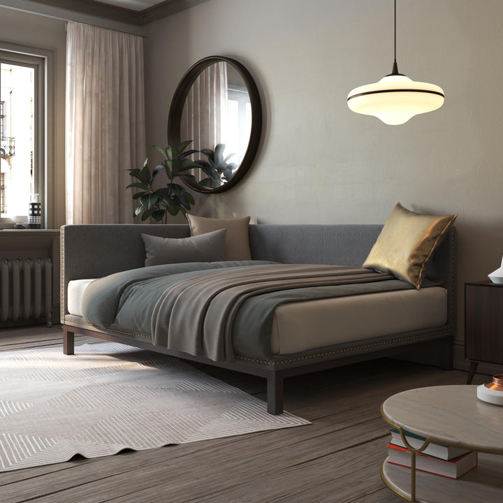Mid Century Upholstered Modern Daybed with Horizontal Tufted Headboard - Grey Linen - Full