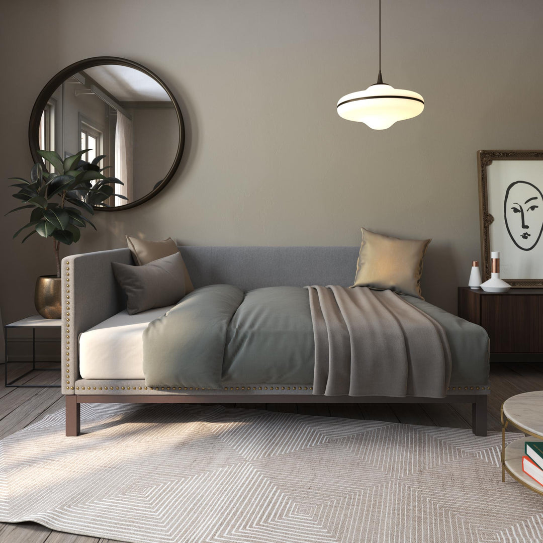 Mid Century Upholstered Modern Daybed with Horizontal Tufted Headboard - Grey Linen - Full