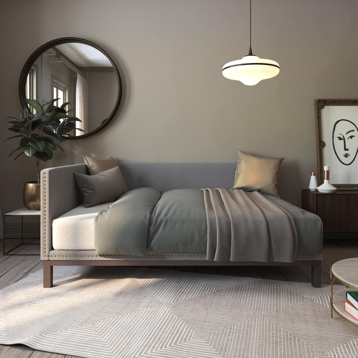 Mid Century Upholstered Modern Daybed with Horizontal Tufted Headboard - Grey Linen - Full
