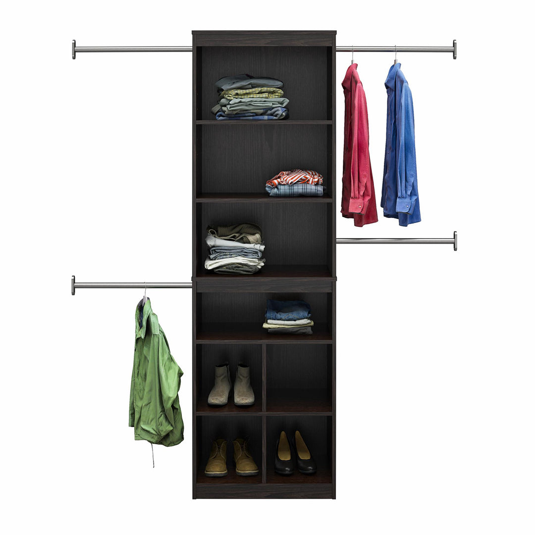 Summer Haven Closet Tower with 4 Clothing Rods, 4 Shelves and 4 Cubbies - Espresso