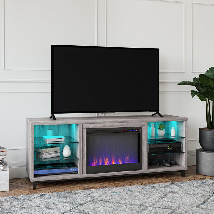 TV Stand for 70 Inch TV with Fireplace and LED Lights -  Light Walnut 