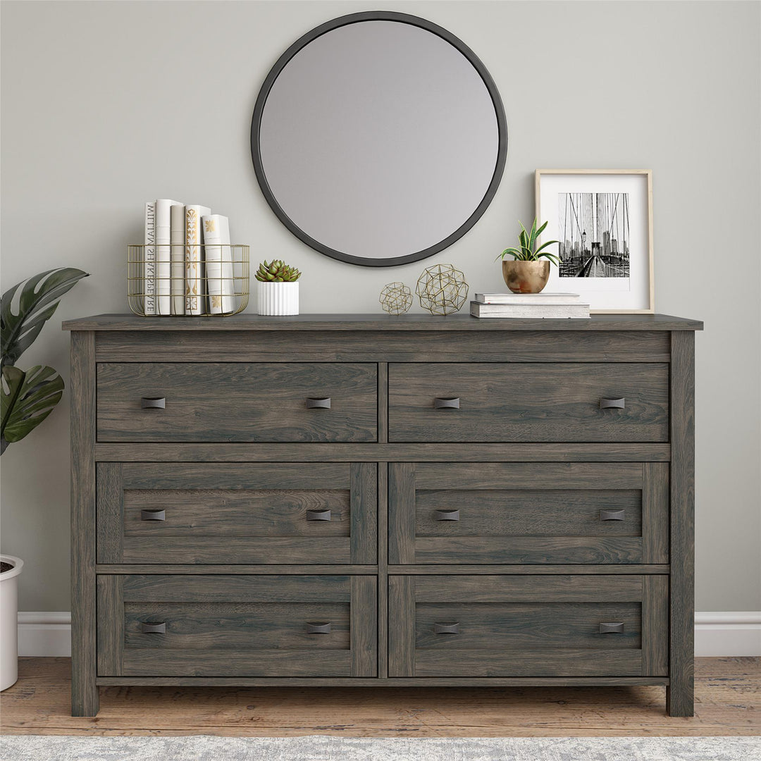 Farmington 6 Drawer Rustic Farmhouse Dresser with Linen Interiors - Weathered Oak