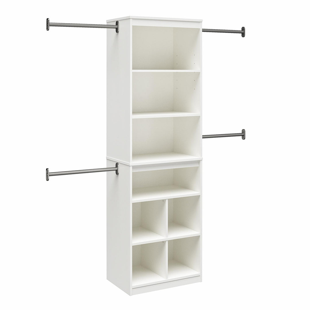 Summer Haven Closet Tower with 4 Clothing Rods, 4 Shelves and 4 Cubbies - White