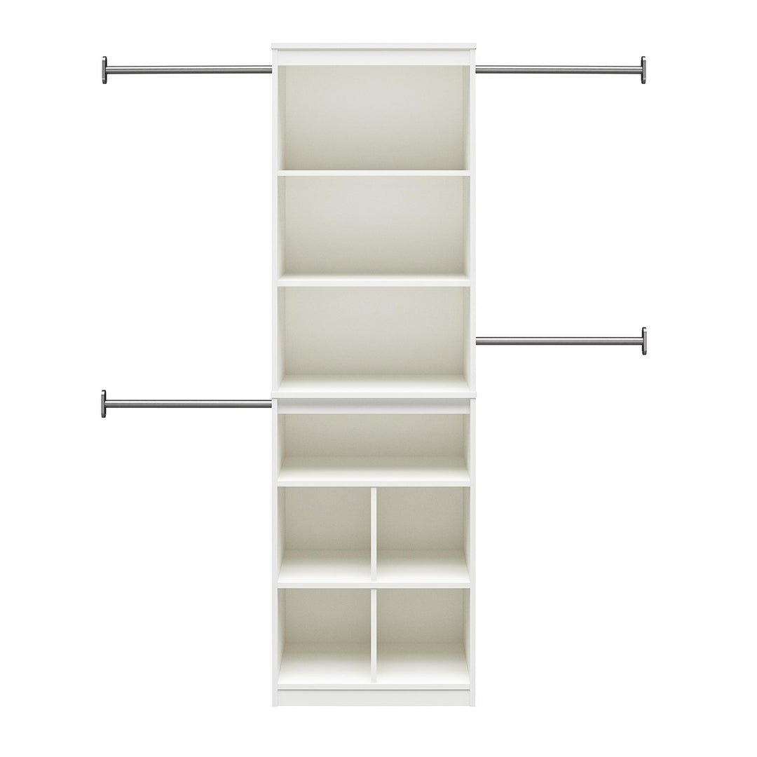 Summer Haven Closet Tower with 4 Clothing Rods, 4 Shelves and 4 Cubbies - White