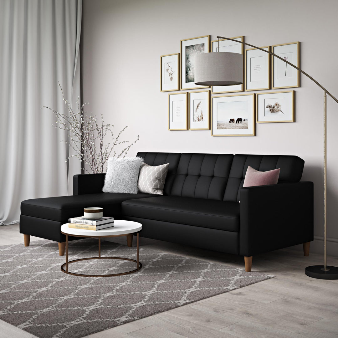 Hartford Reversible Sectional Futon with Storage Chaise - Black Faux Leather