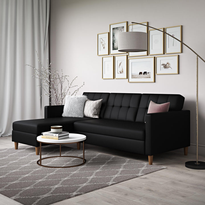 Hartford Reversible Sectional Futon with Storage Chaise - Black Faux Leather