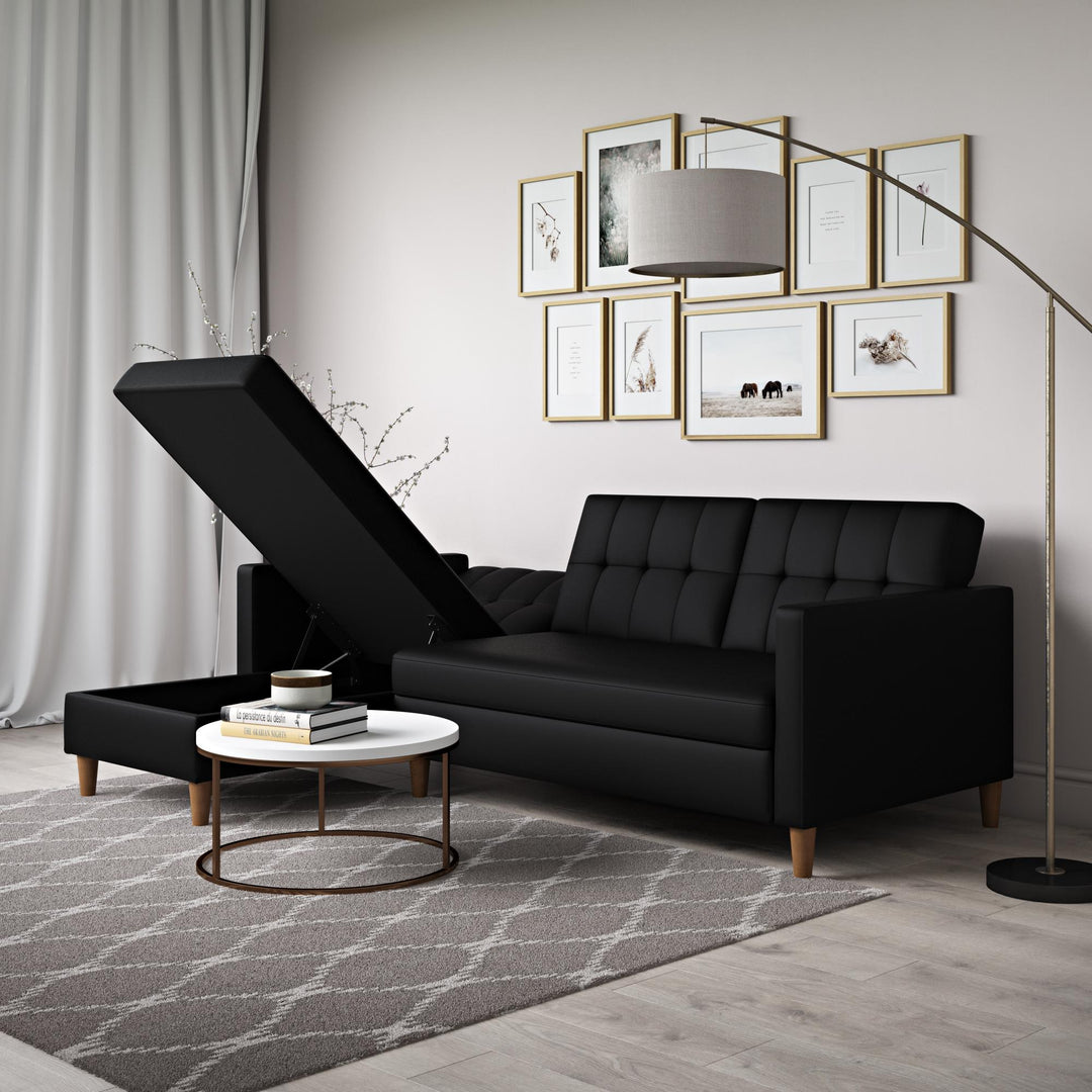 Hartford Reversible Sectional Futon with Storage Chaise - Black Faux Leather
