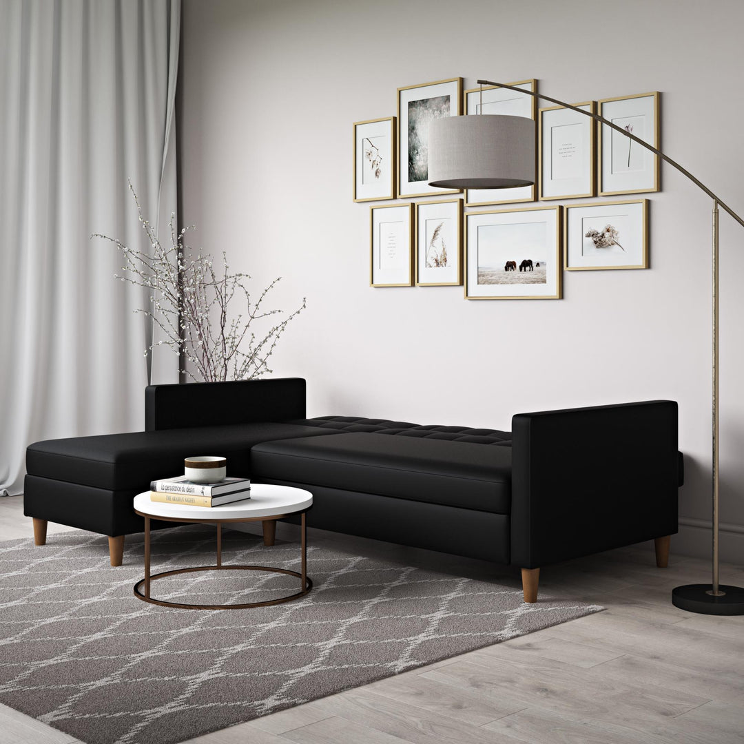 Hartford Reversible Sectional Futon with Storage Chaise - Black Faux Leather