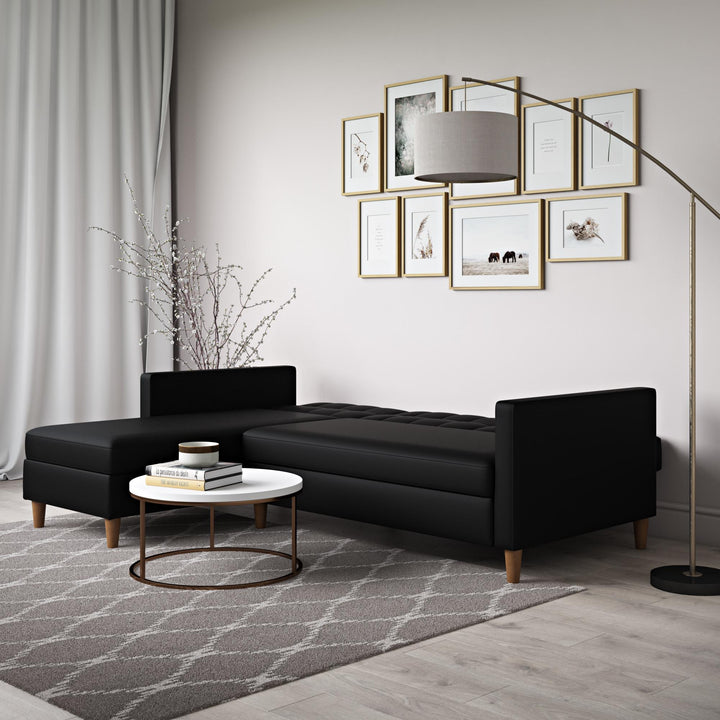 Hartford Reversible Sectional Futon with Storage Chaise - Black Faux Leather