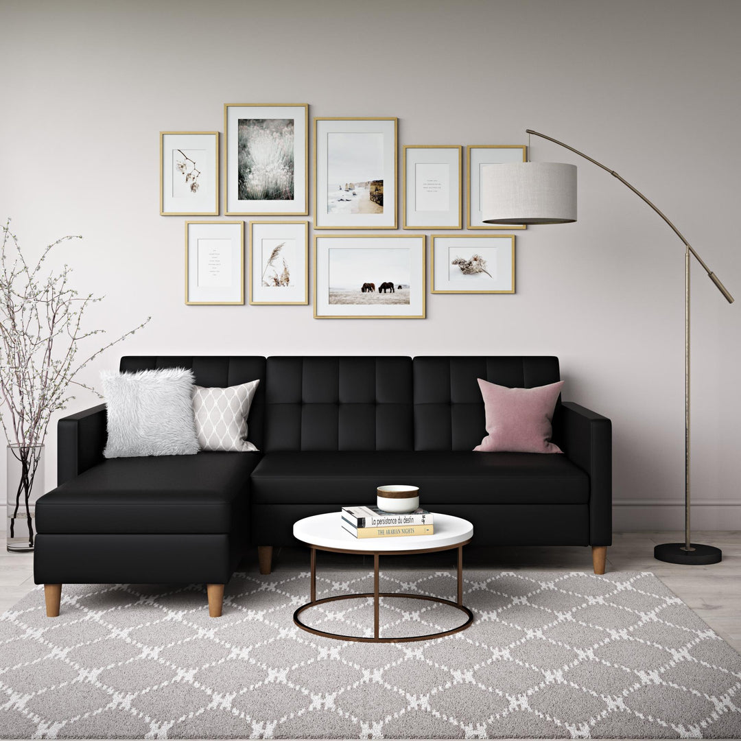 Hartford Reversible Sectional Futon with Storage Chaise - Black Faux Leather