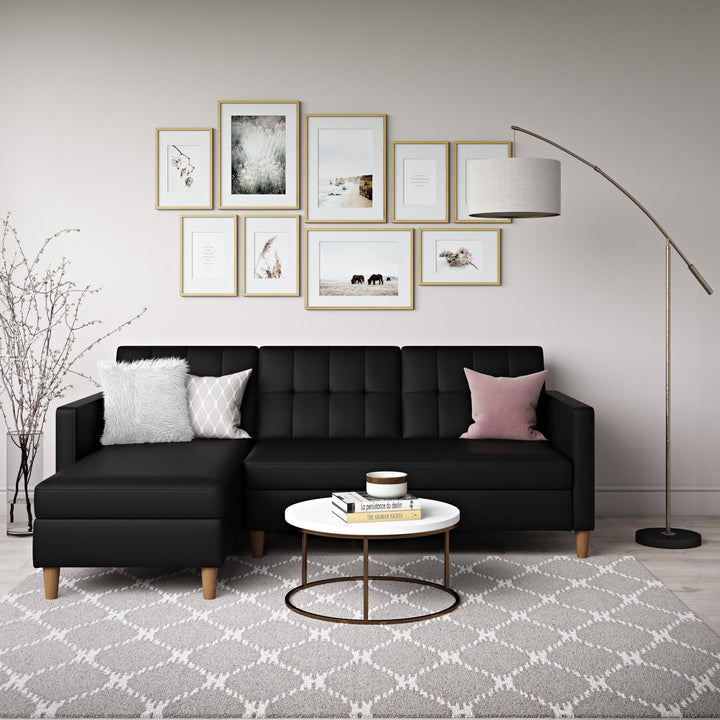 Hartford Reversible Sectional Futon with Storage Chaise - Black Faux Leather