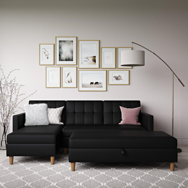 Hartford Reversible Sectional Futon with Storage Chaise - Black Faux Leather