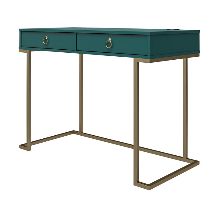 Camila Writing Desk with 2 Drawers and Gold Base - Emerald Green
