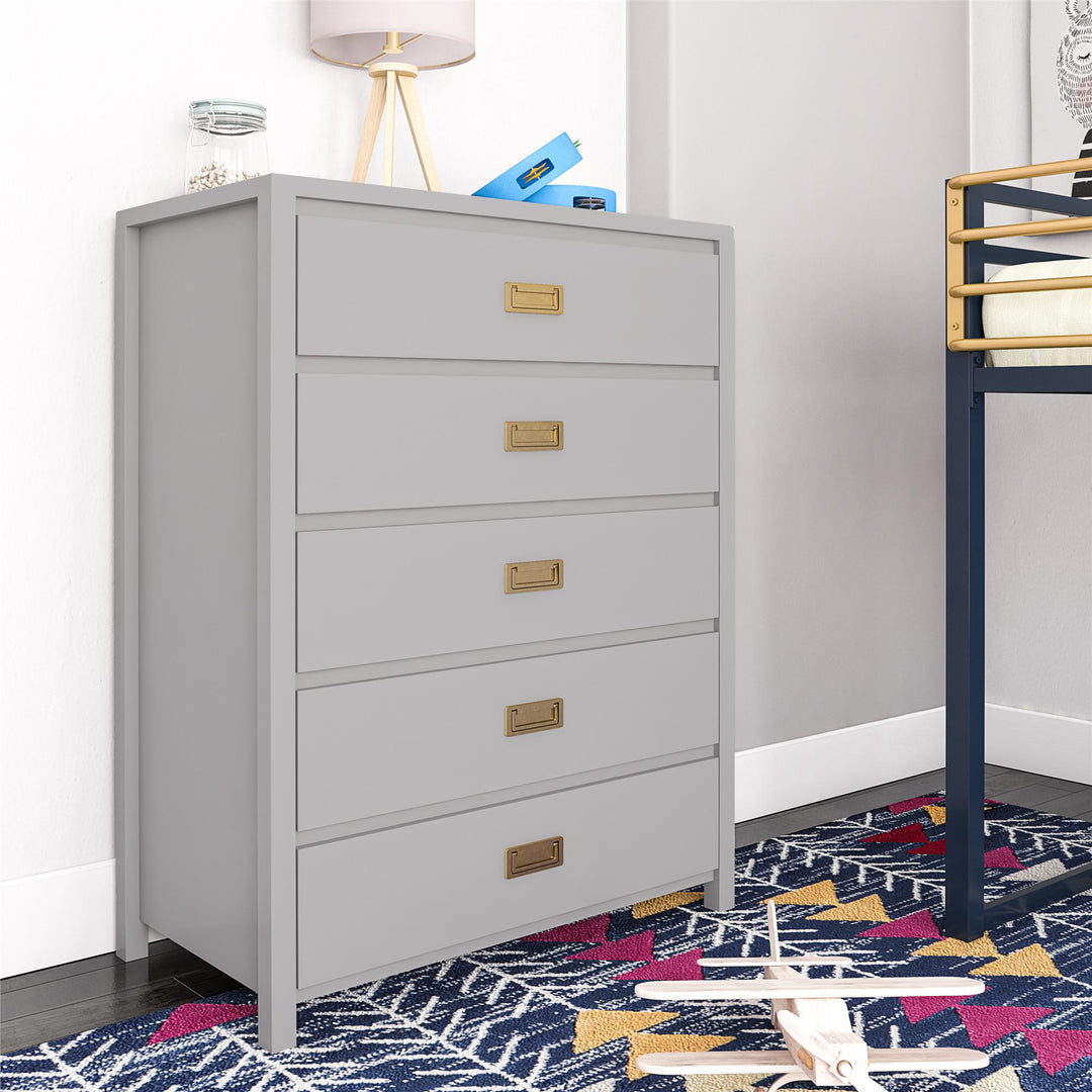 5 Drawer Dresser with Gold Drawer Pulls -  Dove Gray