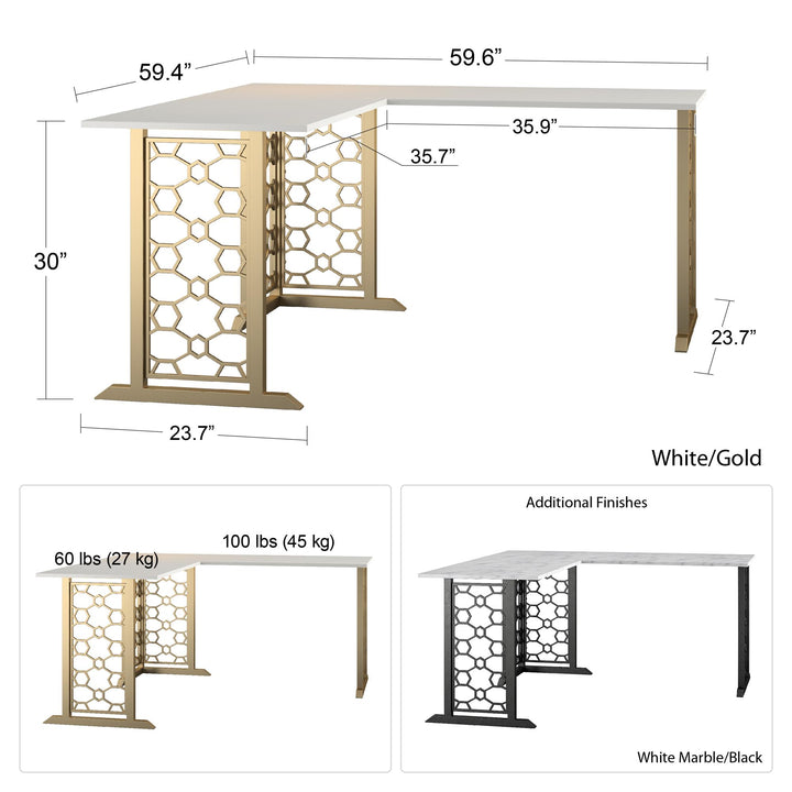 Modern Home Office Desk with Gold Base -  White marble
