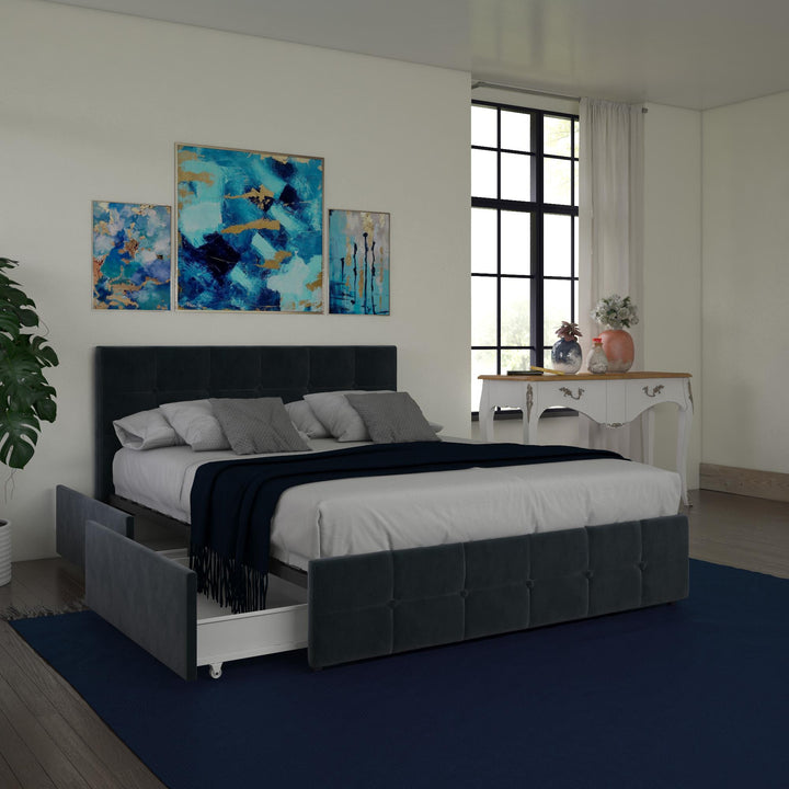 Rose Upholstered Bed with Button Tufted Detail and Storage Drawers - Blue Velvet - Full