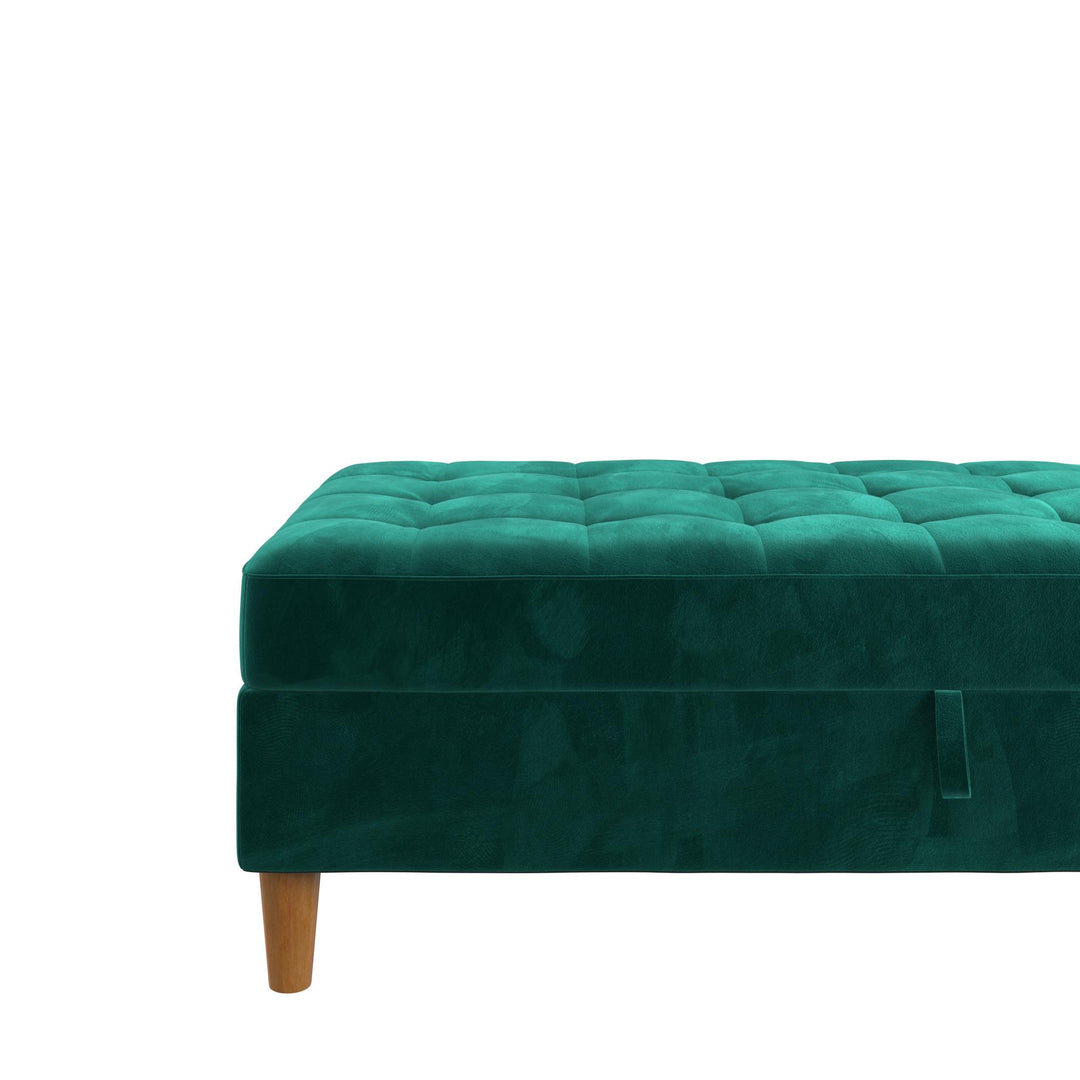 Wood Leg Ottoman with Tufting and Storage -  Green