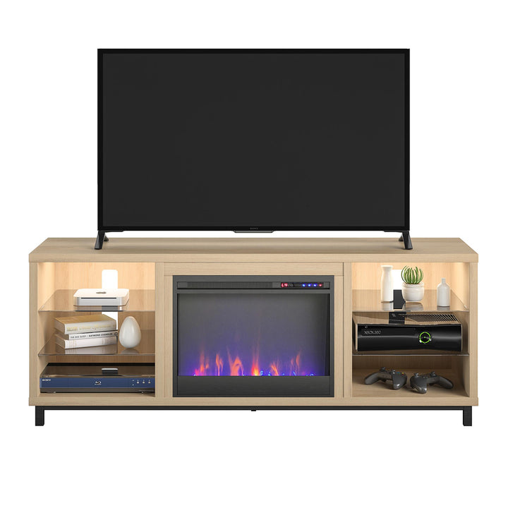 Modern TV Stand with Fireplace and LED Lights -  Blonde Oak 
