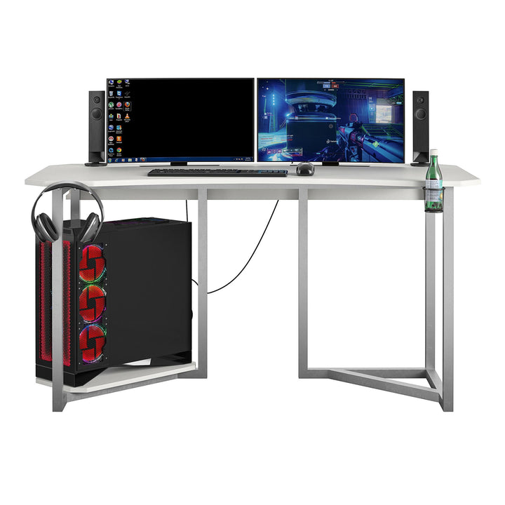 Quest Curved Gaming Desk Workstation with CPU Stand - White
