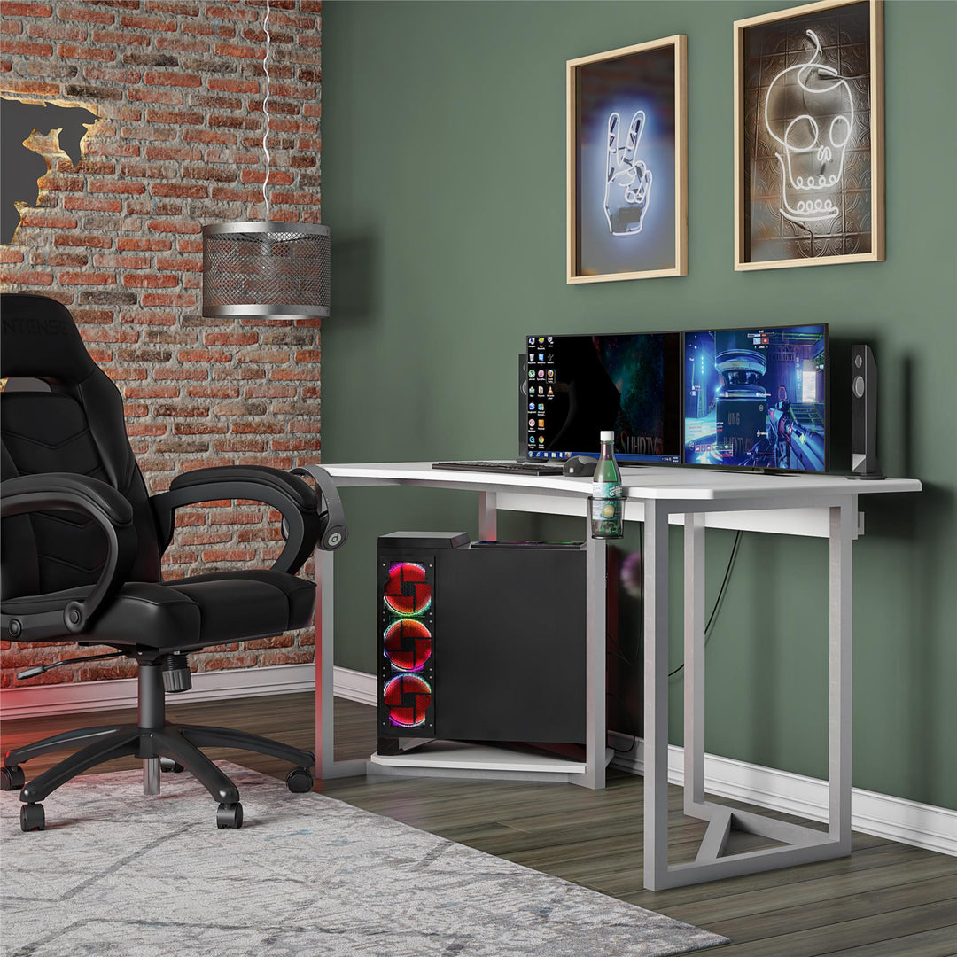 Quest Curved Gaming Desk Workstation with CPU Stand - White