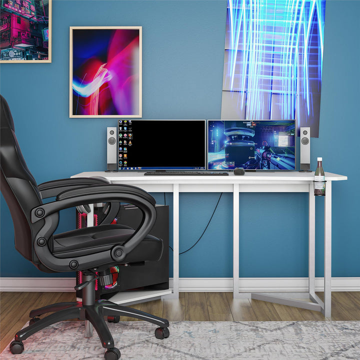 Quest Curved Gaming Desk Workstation with CPU Stand - White