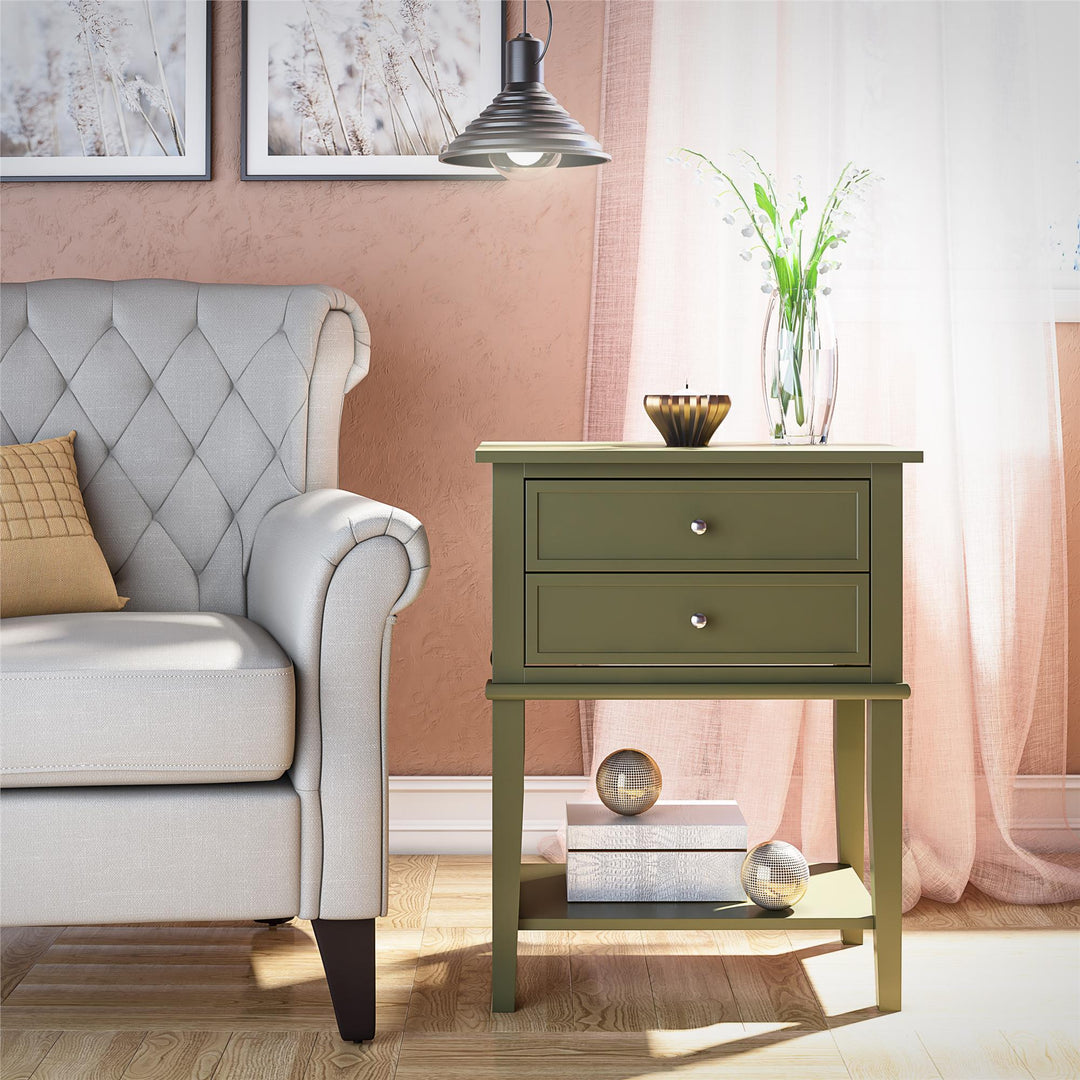 Franklin Nightstand Table with 2 Drawers and Lower Shelf - Olive Green