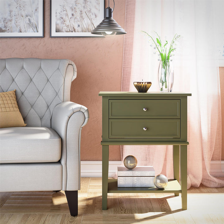 Franklin Nightstand Table with 2 Drawers and Lower Shelf - Olive Green
