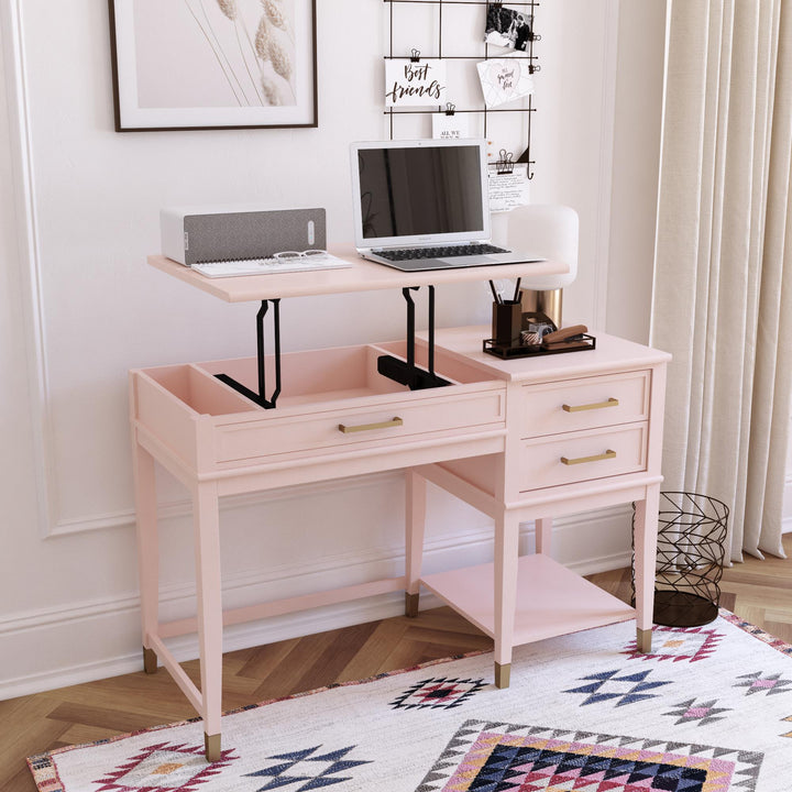 Westerleigh Lift-Top Computer Desk with Gold Accents - Pink
