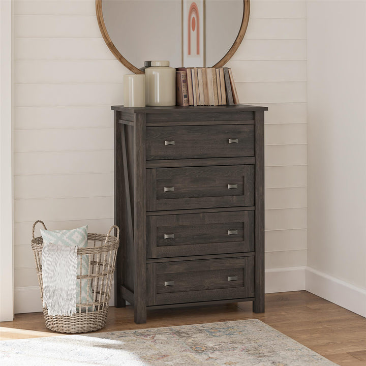 Farmington 4 Drawer Rustic Farmhouse Dresser with Linen Interiors - Weathered Oak