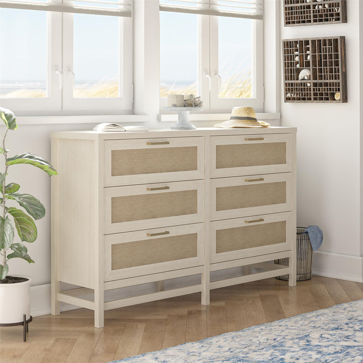 Lennon 6 Drawer Dresser with Faux Rattan and Gold Metal Handles - Ivory Oak - 6 Drawer