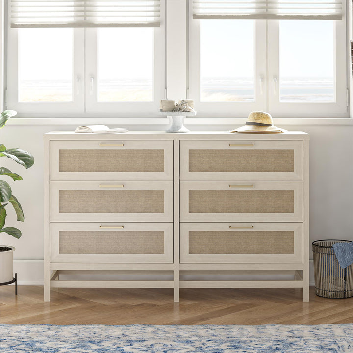 Lennon 6 Drawer Dresser with Faux Rattan and Gold Metal Handles - Ivory Oak - 6 Drawer