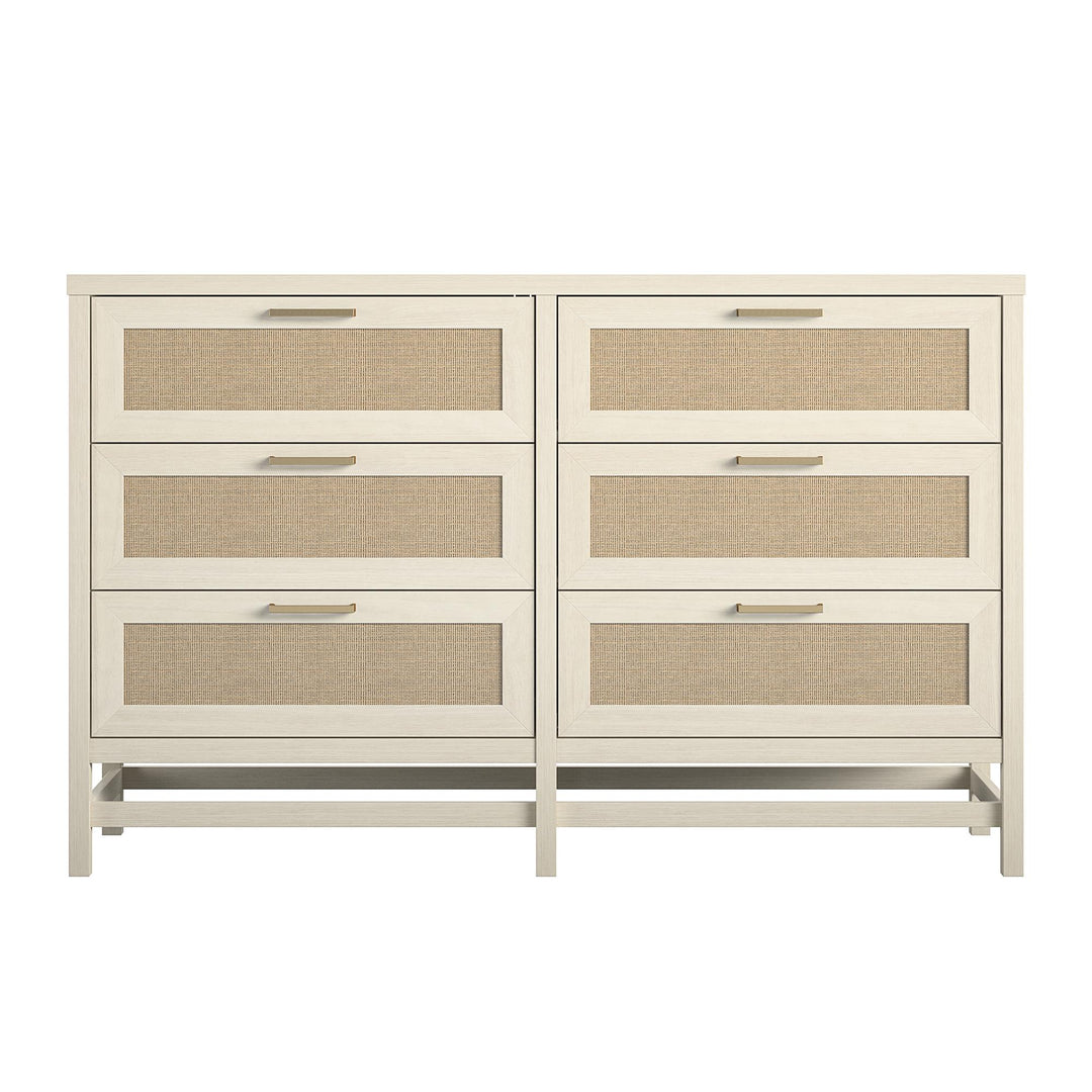 Lennon 6 Drawer Dresser with Faux Rattan and Gold Metal Handles - Ivory Oak - 6 Drawer