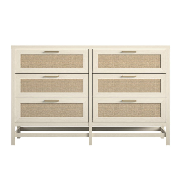Lennon 6 Drawer Dresser with Faux Rattan and Gold Metal Handles - Ivory Oak - 6 Drawer