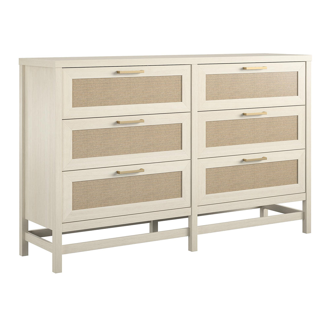 Lennon 6 Drawer Dresser with Faux Rattan and Gold Metal Handles - Ivory Oak - 6 Drawer