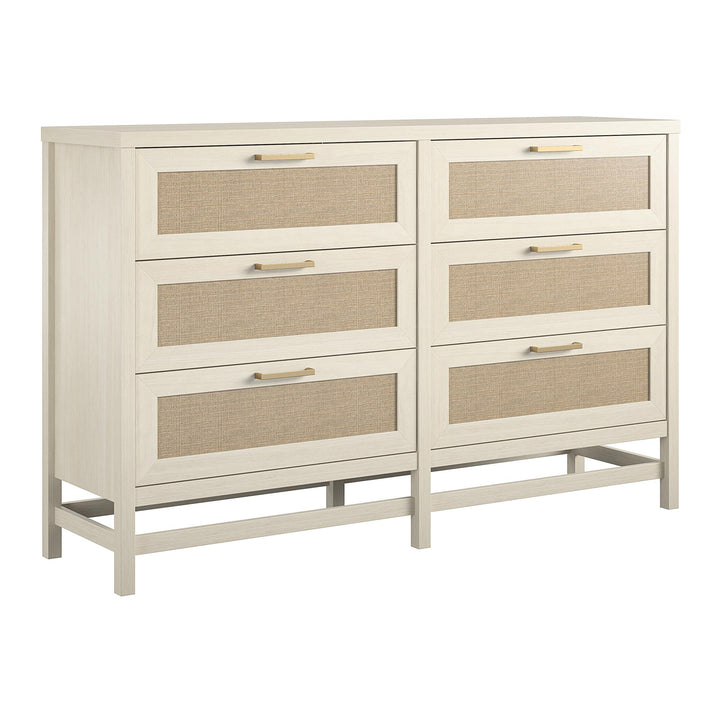 Lennon 6 Drawer Dresser with Faux Rattan and Gold Metal Handles - Ivory Oak - 6 Drawer