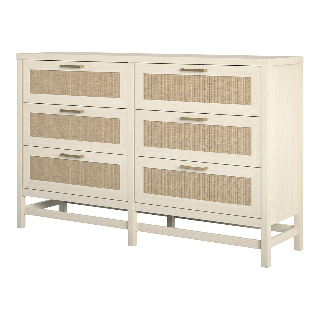 Lennon 6 Drawer Dresser with Faux Rattan and Gold Metal Handles - Ivory Oak - 6 Drawer