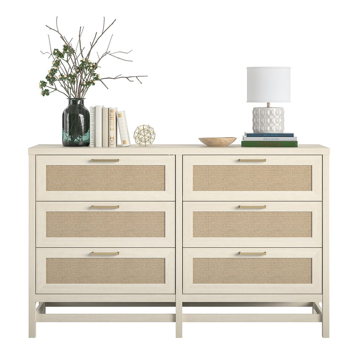 Lennon 6 Drawer Dresser with Faux Rattan and Gold Metal Handles - Ivory Oak - 6 Drawer