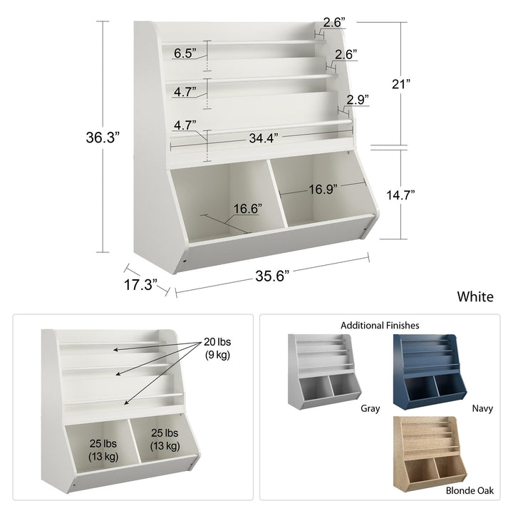Jocelyn Kids Book and Toy Storage with 3 Shelves and 2 Open Compartments - Dove Gray