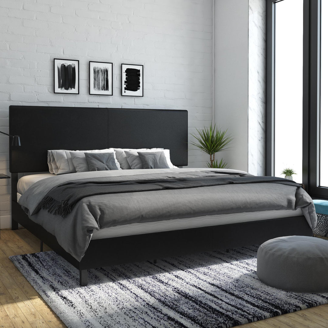 Sturdy Wood and Metal Frame Bed -  Black Faux Leather  -  King