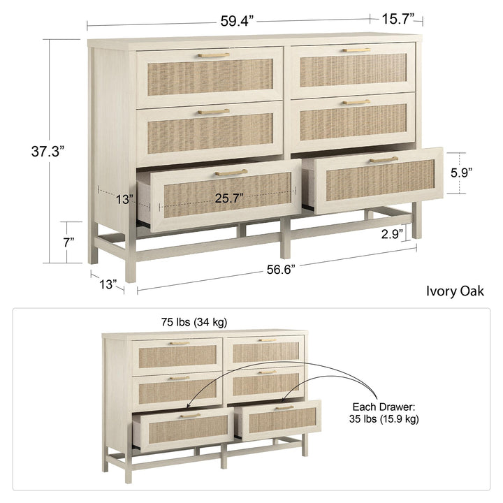 Lennon 6 Drawer Dresser with Faux Rattan and Gold Metal Handles - Ivory Oak - 6 Drawer